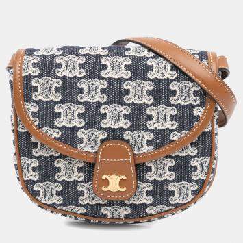 Pre Owned Celine Blue Mini Triomphe Canvas and Calfskin Besace Crossbody