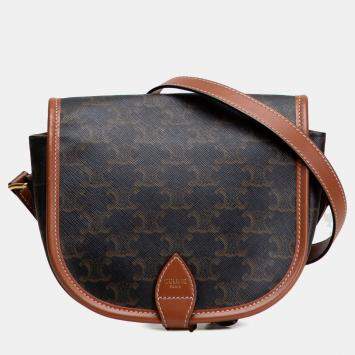 Pre Owned Celine Brown Medium Triomphe Coated Canvas Folco Crossbody
