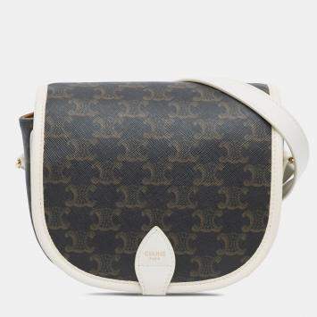 Pre Owned Celine Brown White Medium Triomphe Coated Canvas Folco Crossbody