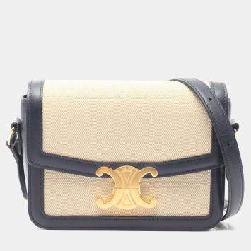 Pre Owned Celine Teen Triomphe Shoulder Bag  Canvas And Leather  Beige/Navy