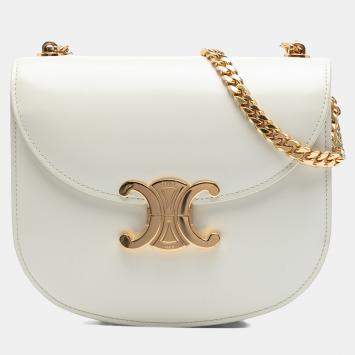 Pre Owned Celine White Teen Shiny Calfskin Triomphe Besace Clea Chain Crossbody