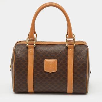 Pre Owned Celine Brown Macadam Coated Canvas and Leather Boston Bag