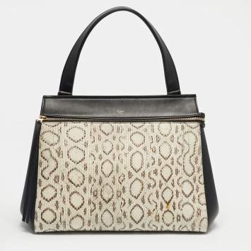 Pre Owned Celine Black/Off White Leather and Python Medium Edge Top Handle Bag