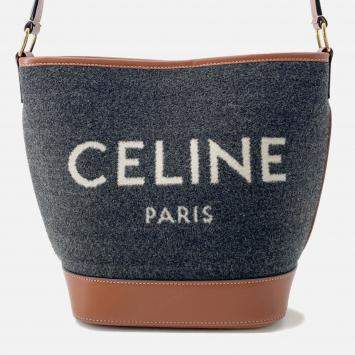 Pre Owned Celine Celine Logo Bucket Shoulder Bag Dark Gray/Brown Felt Leather Size Small
