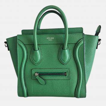 Pre Owned Celine Nano Luggage Green Leather Tote Bag