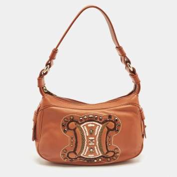 Pre Owned Celine Triomphe Crystals Orange Leather Shoulder Bag