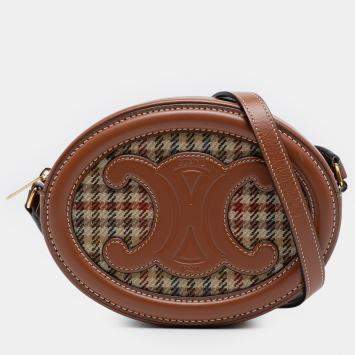 Pre Owned Celine Brown Small Houndstooth Canvas and Calfskin Cuir Triomphe Oval Crossbody