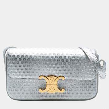 Pre Owned Celine Silver Triomphe All Over Laminated Calfskin Claude Shoulder Bag