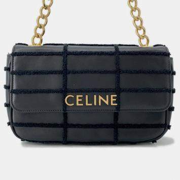 Pre Owned Celine Mono Chrome Chain shoulder Bag Black Leather
