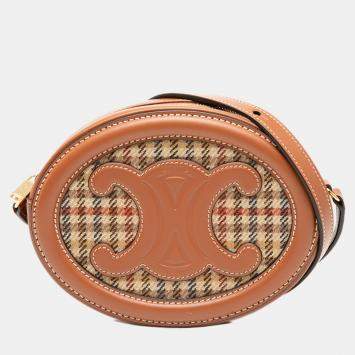 Pre Owned Celine Brown Small Houndstooth Canvas and Calfskin Cuir Triomphe Oval Crossbody