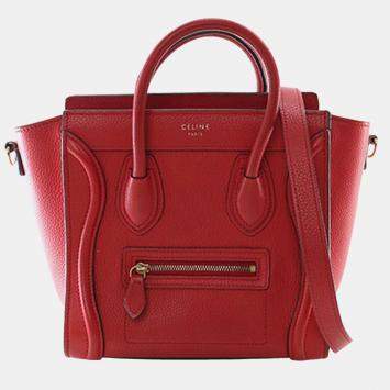 Pre Owned Celine Red Nano Leather Luggage Tote