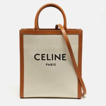 Pre Owned Celine Vertical Cabas Small Tan/Natural Canvas and Leather Tote