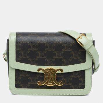 مملوكة مسبقًا Celine Brown Green Teen Triomphe Coated Canvas and Calfskin Triomphe Crossbody