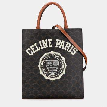 مملوكة مسبقًا Celine Brown Small Paris Print Triomphe Coated Canvas Vertical Cabas Tote