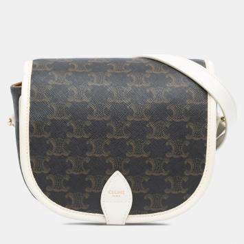 Pre Owned Celine Brown White Medium Triomphe Coated Canvas Folco Crossbody