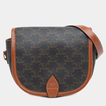 Pre Owned Celine Brown Medium Triomphe Coated Canvas Folco Crossbody