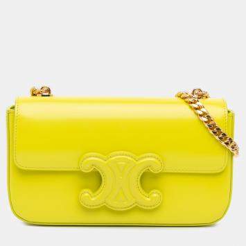 Pre Owned Celine Yellow Calfskin Cuir Triomphe Chain Shoulder Bag