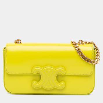 Pre Owned Celine Yellow Calfskin Cuir Triomphe Chain Shoulder Bag