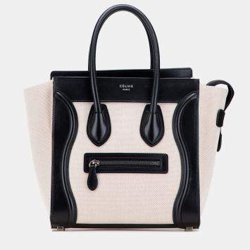 Pre Owned Celine Black Brown Micro Bicolor Leather Trimmed Canvas Luggage Tote