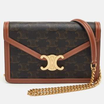 Pre Owned Celine Margo Brown/Tan Triomphe Coated Canvas and Leather Wallet on Chain