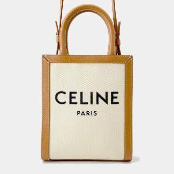 Pre Owned Celine Vertical Cabas 2-Way Tote Natural/Tan Canvas Leather Size Mini