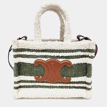 Pre Owned Celine Green White Fur Shearling Cabas Bag Small