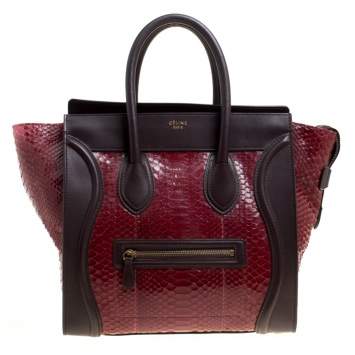 Pre Owned Celine Burgundy/Brown Python and Leather Mini Luggage Tote