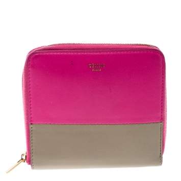 Celine Pink/Beige Leather Zip Around Compact Wallet