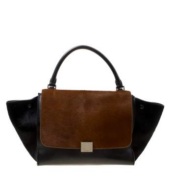 Pre Owned Celine Black/Brown Calf Hair and Leather Medium Trapeze Top Handle Bag