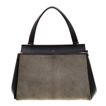 Pre Owned Celine Black/Grey Leather and Calf Hair Medium Edge Top Handle Bag
