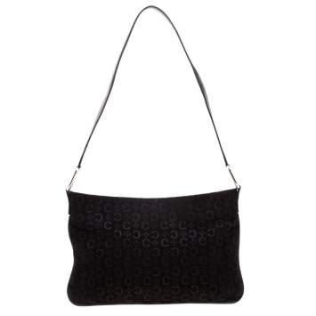 Pre Owned Celine Black C Logo Embossed Suede and Leather Shoulder Bag