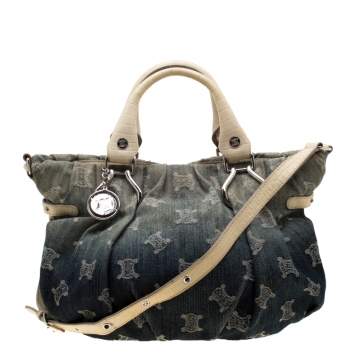 Pre Owned Celine Blue Macadam Denim and Croc Embossed Leather Tote