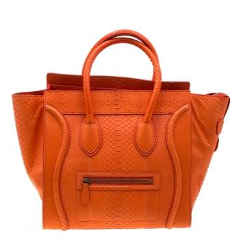 Pre Owned Celine Orange Python Mini Luggage Tote