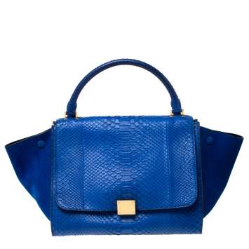 Pre Owned Celine Blue Python and Suede Medium Trapeze Bag