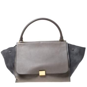 Pre Owned Celine Grey Leather and Suede Large Trapeze Top Handle Bag
