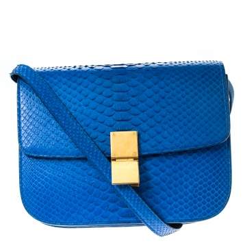 Pre Owned Celine Blue Python Medium Classic Box Shoulder Bag