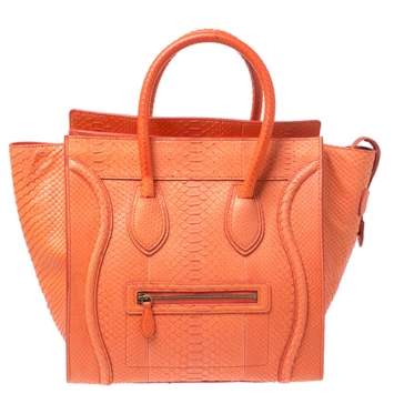 Pre Owned Celine Orange Python Mini Luggage Tote