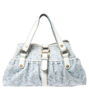 Pre Owned Celine Blue/White Monogram Canvas and Leather Satchel
