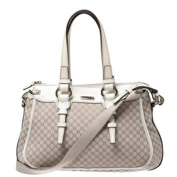 Pre Owned Celine White/Beige Macadam Canvas and Croc Embossed Leather Shoulder Bag