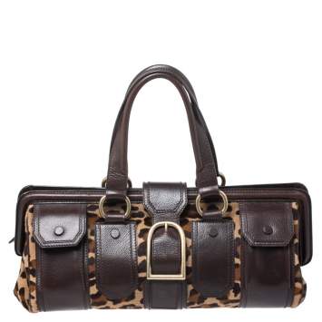 Pre Owned Celine Brown/Beige Leopard Print Calfhair and Leather Satchel