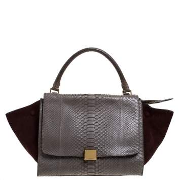 Pre Owned Celine Burgundy/Grey Python and Suede Medium Trapeze Tote
