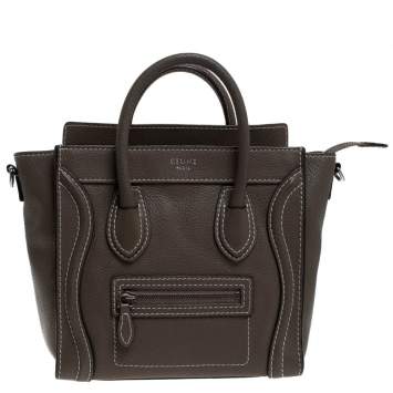 Pre Owned Celine Dark Beige Leather Nano Luggage Tote