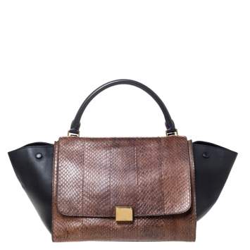 Pre Owned Celine Black/Brown Leather and Python Medium Trapeze Top Handle Bag