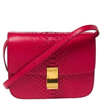 Pre Owned Celine Magenta Python Medium Classic Box Shoulder Bag