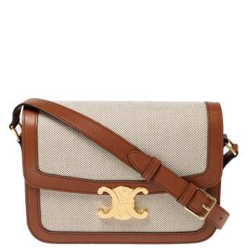 Pre Owned Celine Beige/Tan Canvas and Leather Triomphe Shoulder Bag