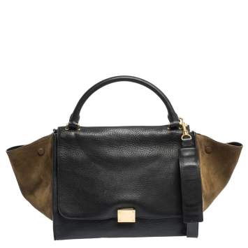 Pre Owned Celine Black/Khaki Leather and Suede Medium Trapeze Top Handle Bag