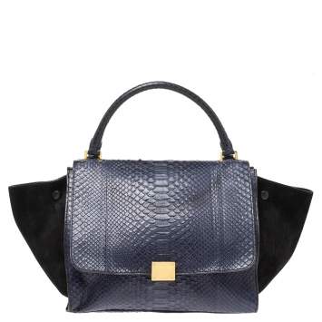 Pre Owned Celine Blue/Black Python and Suede Small Trapeze Top Handle Bag