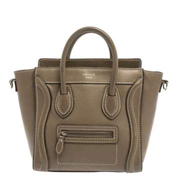Pre Owned Celine Khaki Leather Nano Luggage Tote