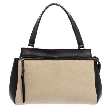 Pre Owned Céline Beige/Black Calfhair and Leather Small Edge Bag