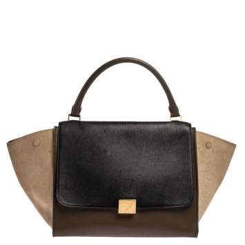 Pre Owned Celine Tri Color Leather and Suede Medium Trapeze Top Handle Bag